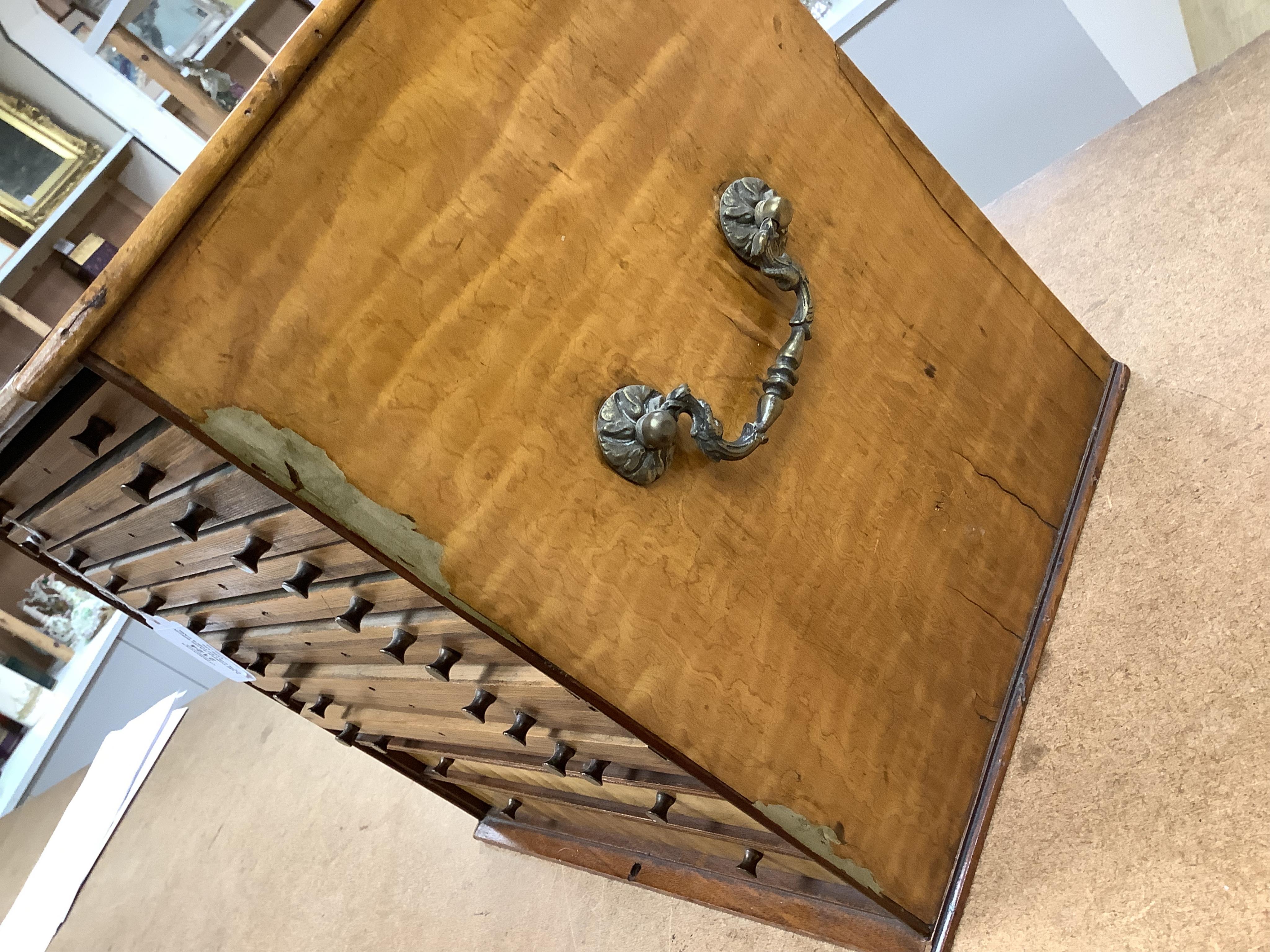 A Victorian satin birch coin collector's cabinet, front panel lacking